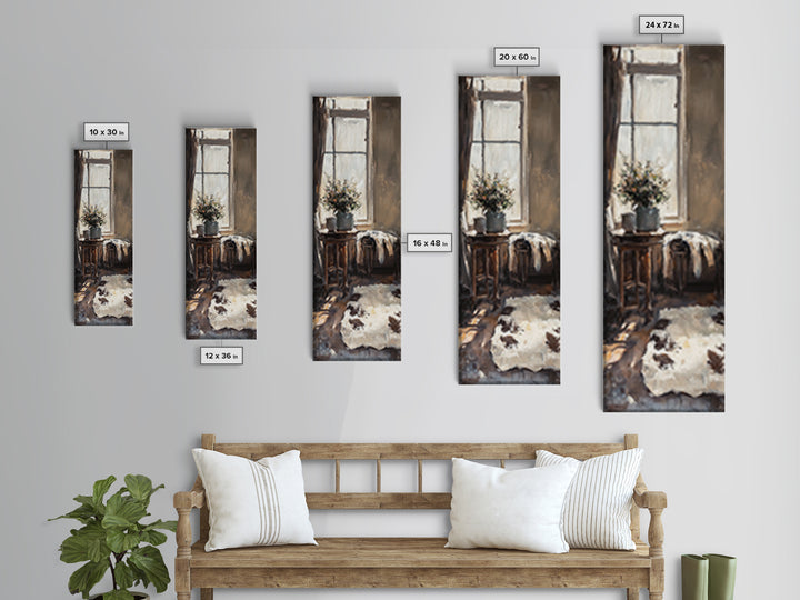 Rustic Window Chair And Cowhide Rug Wall Art, Farmhouse Canvas Print, Cozy Country Home Decor, Neutral Living Room Art Print