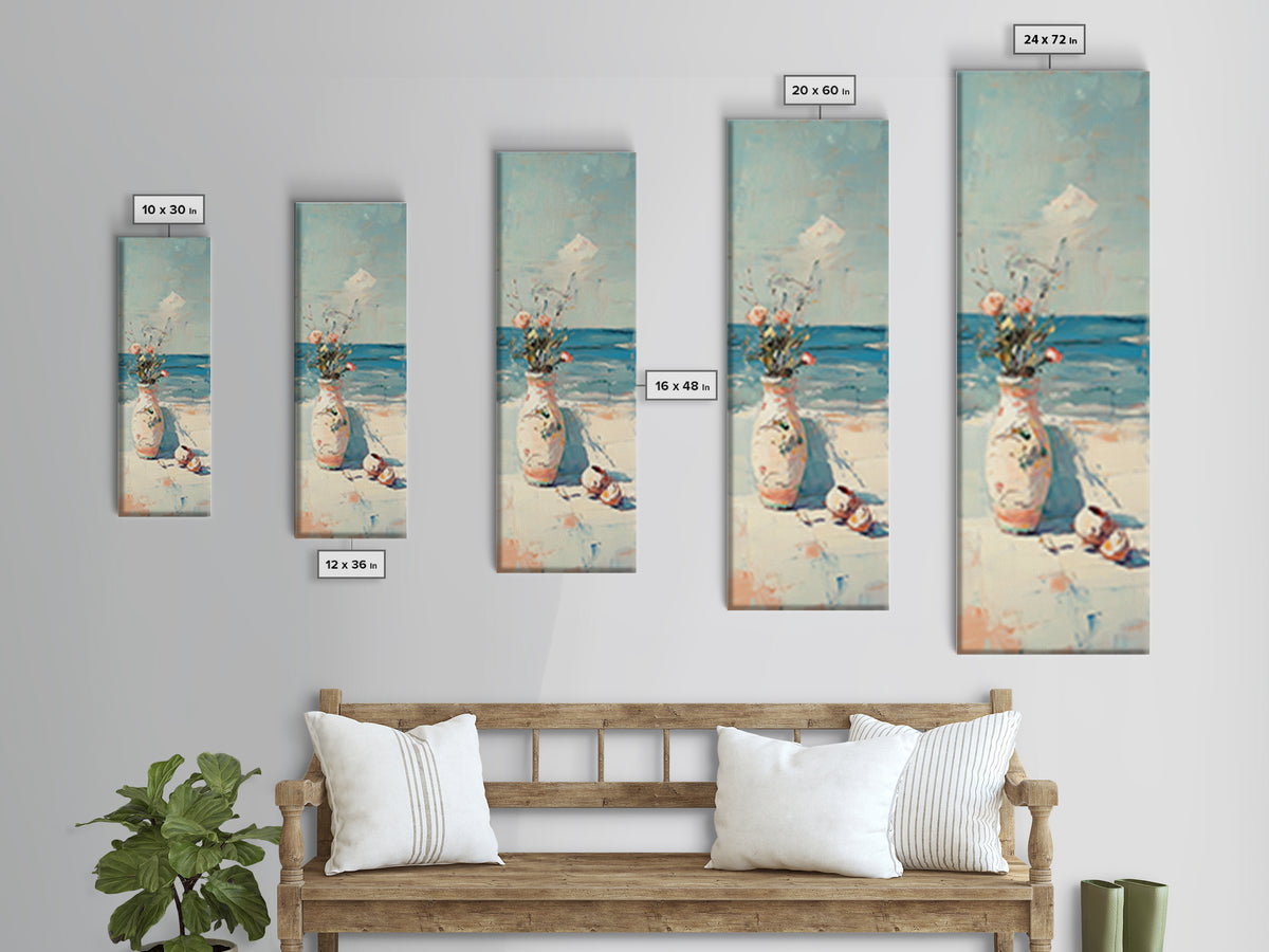 Seaside Flower Vase With Shells Canvas Print, Coastal Wall Art, Beach House Decor, Ocean Wall Decor, Summer Home Decor, Gift For Her
