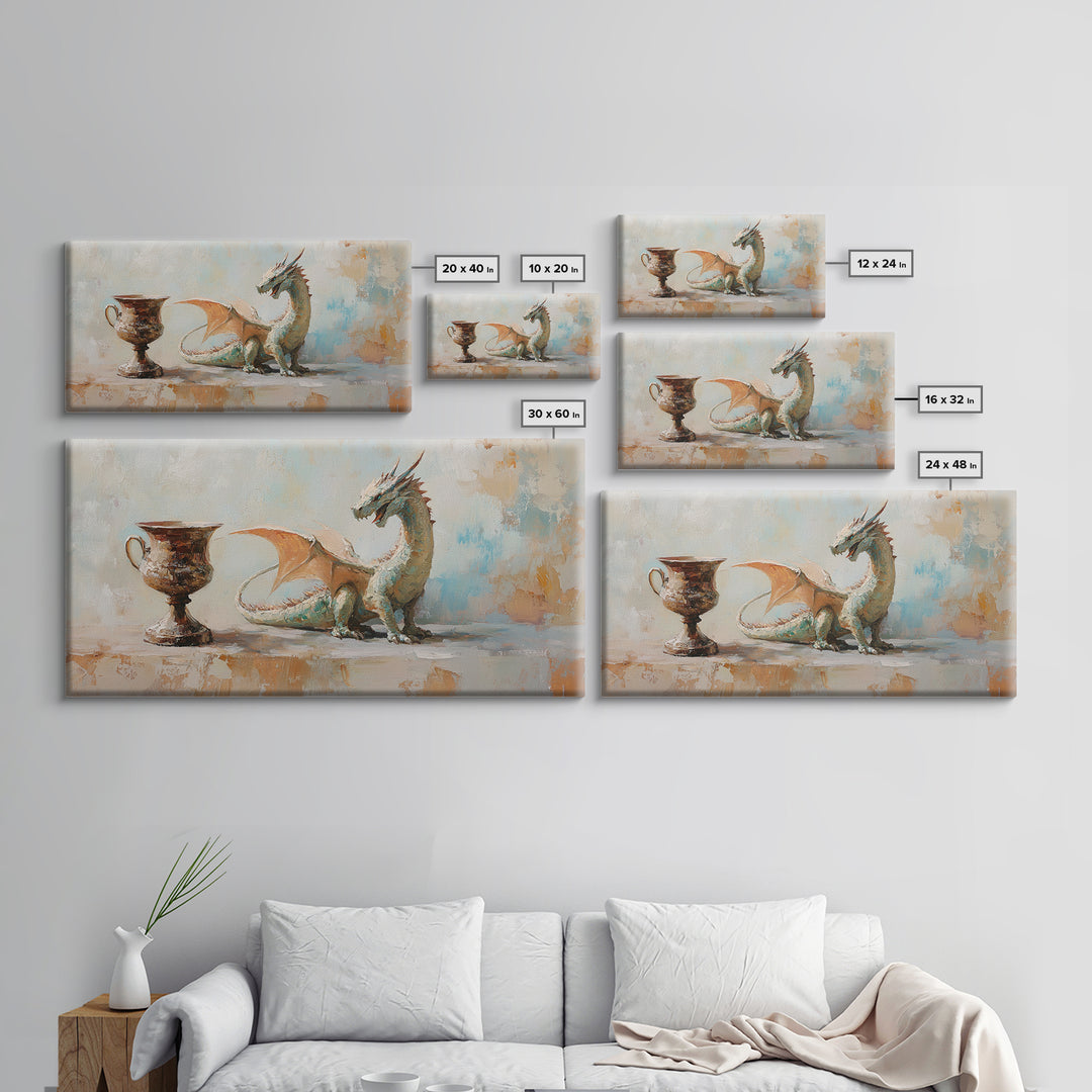Small Dragon And Goblet Wall Art, Fantasy Canvas Print, Mythical Creature Decor, Kids Room Art, Unique Gift For Him, Nursery Wall Art