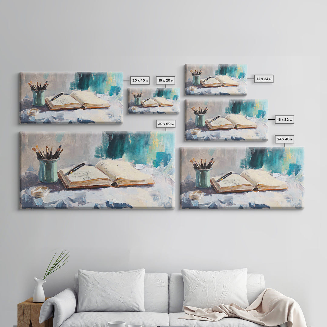 Open Sketchbook With Brushes Wall Art, Creative Studio Canvas Print, Gift For Artist, Office Decor, Modern Home Decor, Living Room Decor