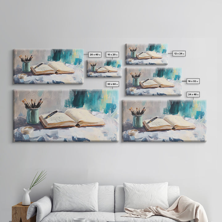 Open Sketchbook With Brushes Wall Art, Creative Studio Canvas Print, Gift For Artist, Office Decor, Modern Home Decor, Living Room Decor