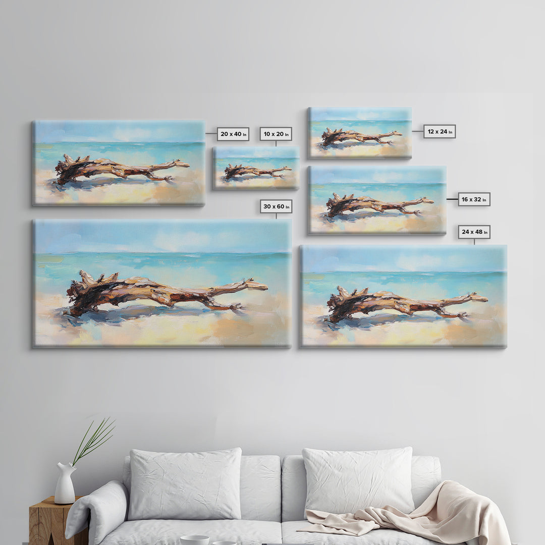 Sunlit Driftwood On Turquoise Shore Wall Art, Coastal Canvas Print, Beach House Decor, Ocean Art, Nautical Home Decor, Living Room Decor