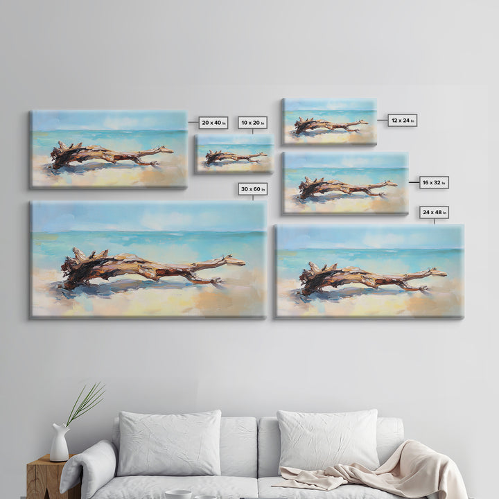 Sunlit Driftwood On Turquoise Shore Wall Art, Coastal Canvas Print, Beach House Decor, Ocean Art, Nautical Home Decor, Living Room Decor