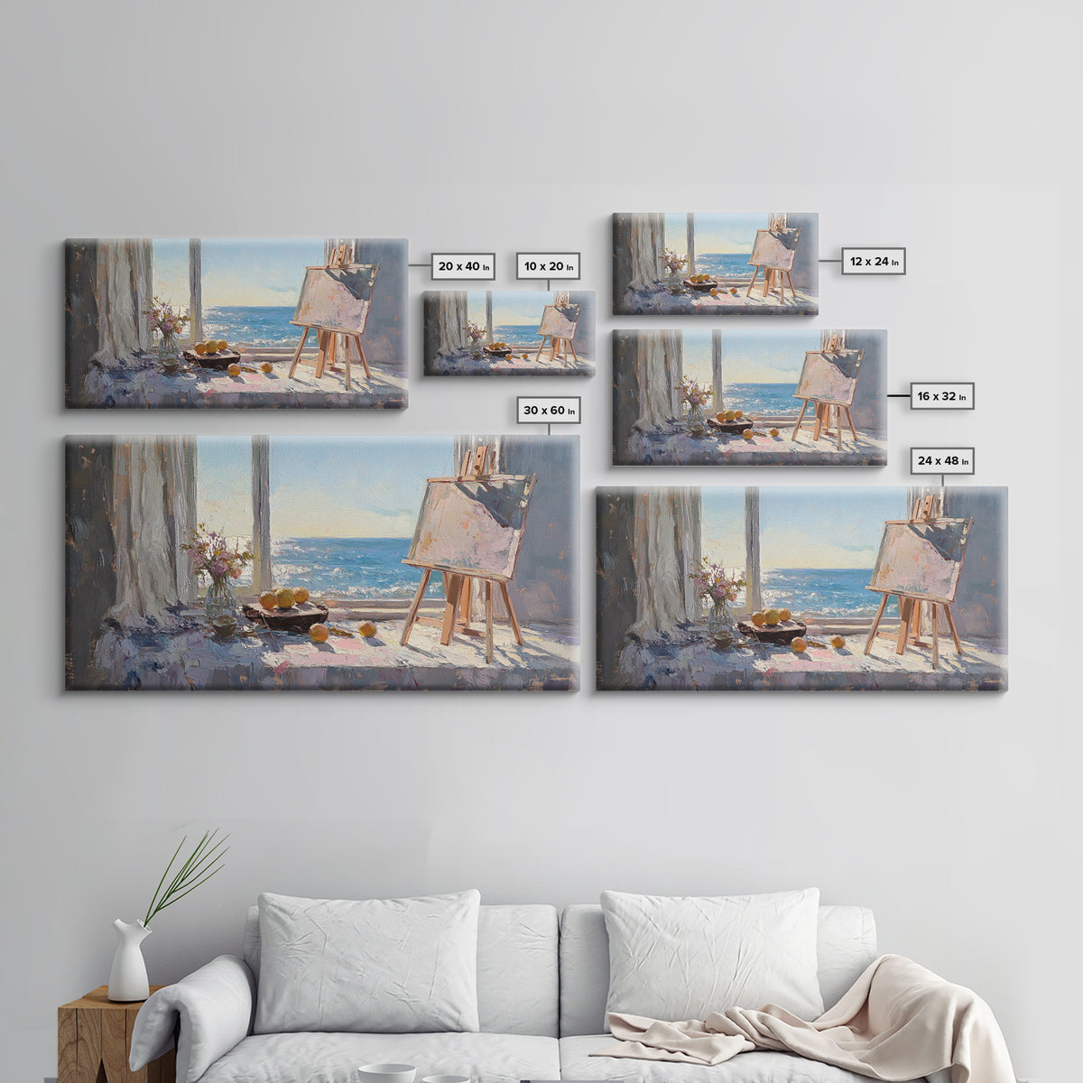 Sunlit Ocean View Art Studio Wall Art, Coastal Canvas Print, Easel And Lemons Still Life, Creative Office Decor, Beach House Decor