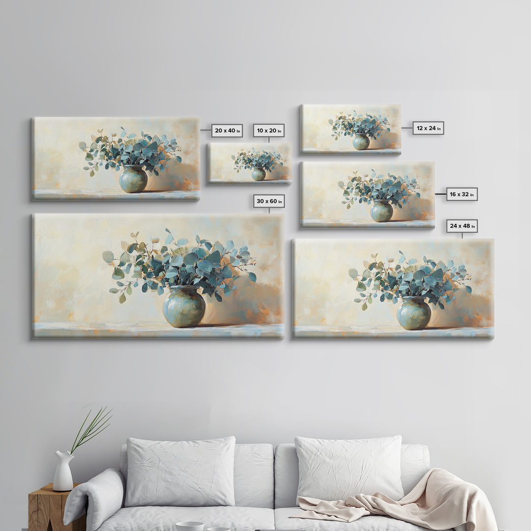 Blue Eucalyptus Vase Still Life Wall Art, Botanical Canvas Wall Decor, Neutral Living Room Decor, Rustic Farmhouse Art Print