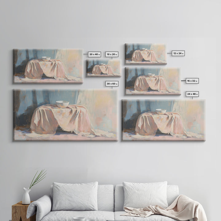Soft Draped Table And Bowl Still Life Canvas Print, Minimalist Kitchen Wall Art, Neutral Home Decor, Fine Art Print, Dining Room Decor