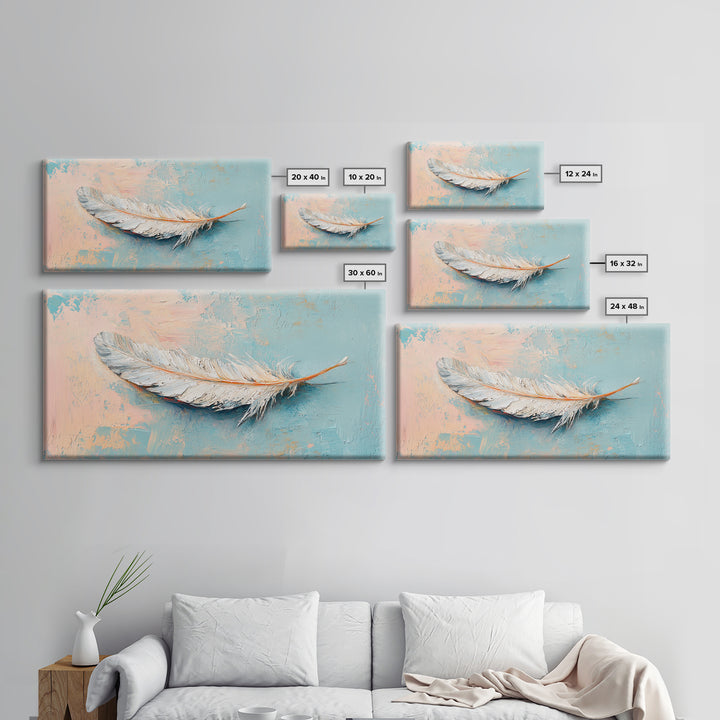 White Feather On Soft Blue Peach Texture Framed Canvas Print, Coastal Wall Art, Neutral Home Decor, Boho Bedroom Decor, Gift For Her