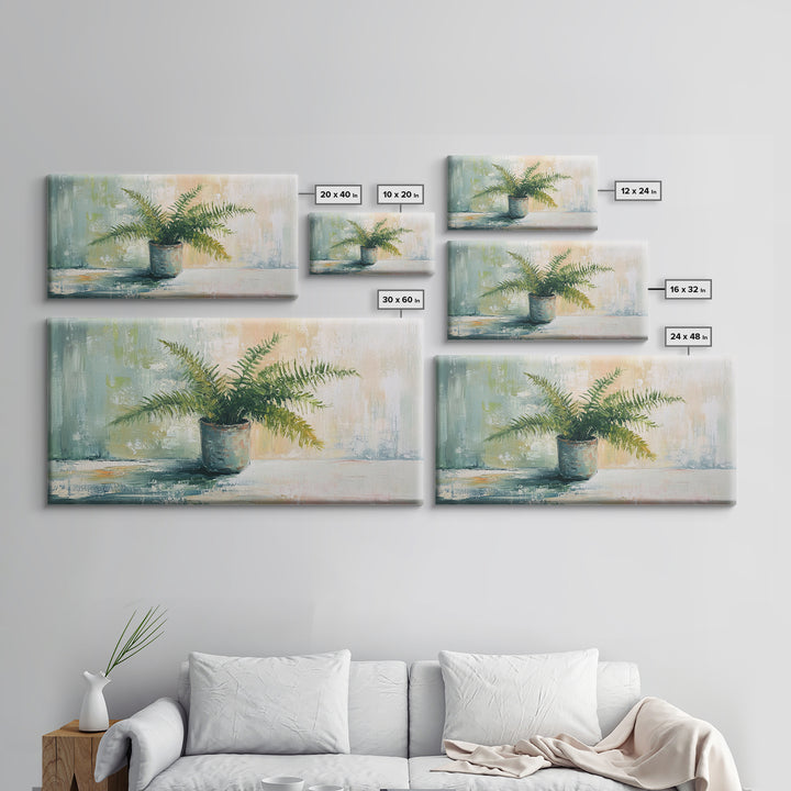Potted Fern Plant In Textured Green Light Canvas Print, Botanical Wall Art, Nature Wall Decor, Japandi Home Decor, Office Decor