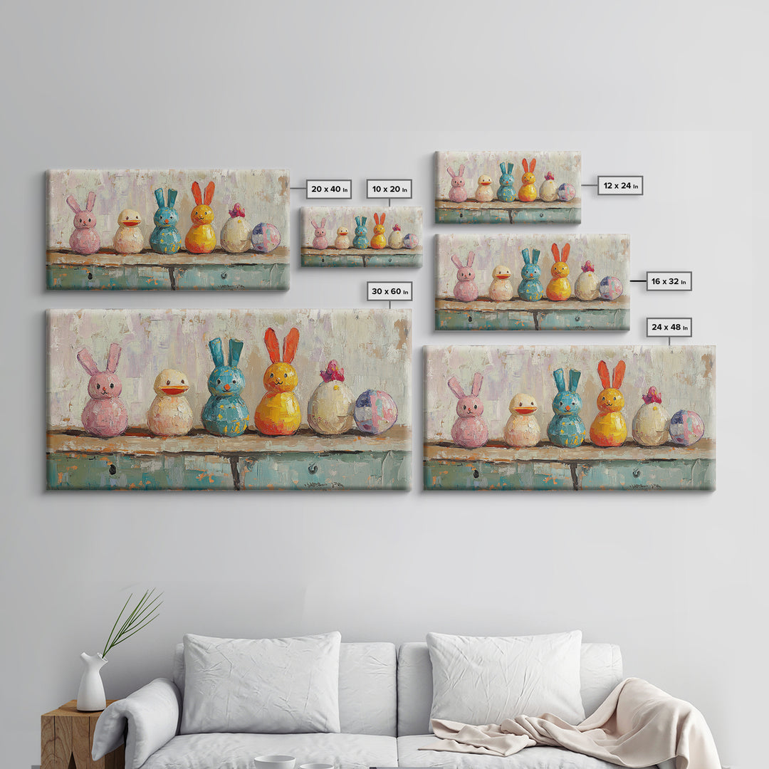 Whimsical Bunny And Duck Toys Framed Canvas Print, Nursery Wall Art, Kids Room Decor, Easter Gift, Playroom Wall Decor, Baby Shower Gift
