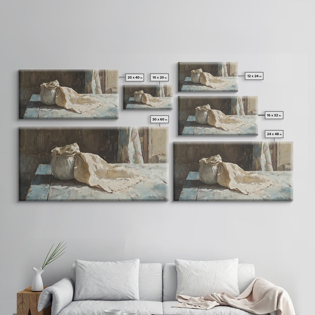 Rustic Flour Sack Still Life Wall Art, French Bakery Canvas Print, Country Kitchen Decor, Farmhouse Wall Decor Gift Idea