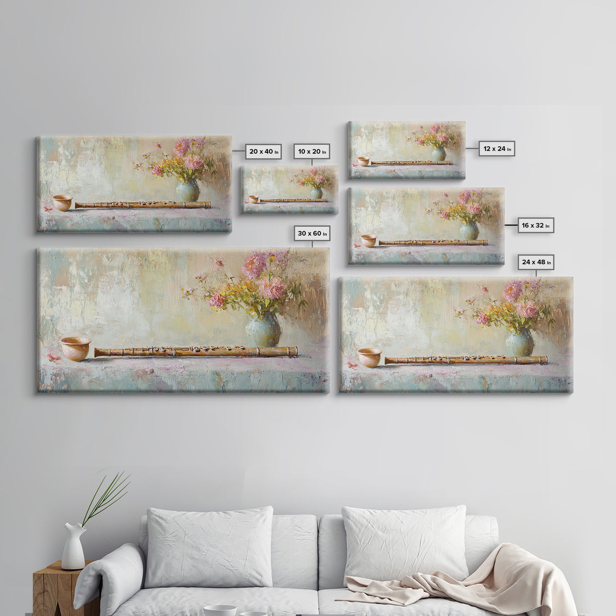 Rustic Flute Still Life With Pink Flowers, Framed Canvas Print, Music Room Wall Art, Farmhouse Decor, Gift For Music Lover