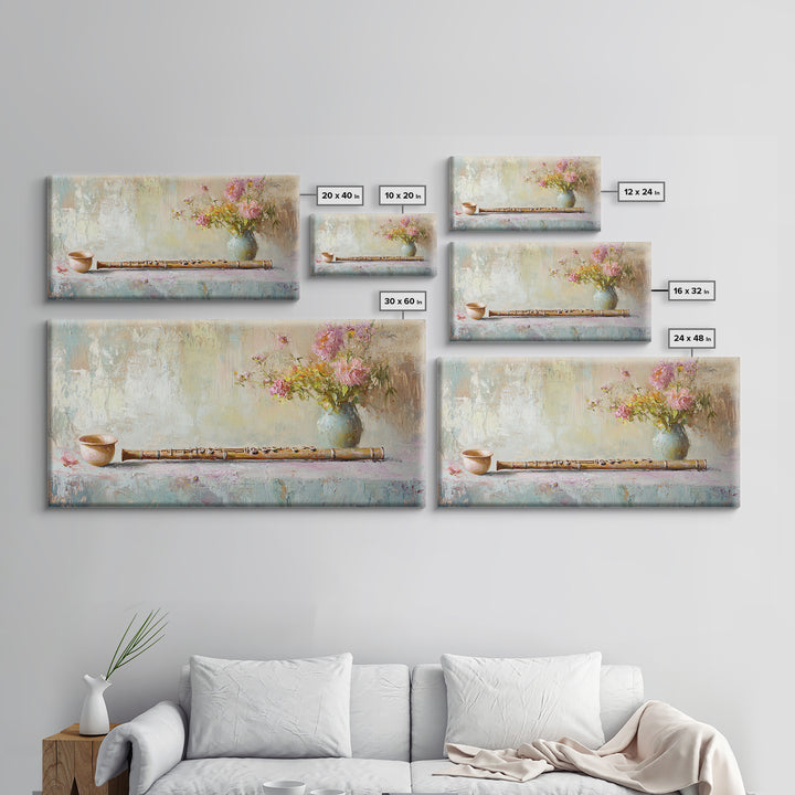Rustic Flute Still Life With Pink Flowers, Framed Canvas Print, Music Room Wall Art, Farmhouse Decor, Gift For Music Lover
