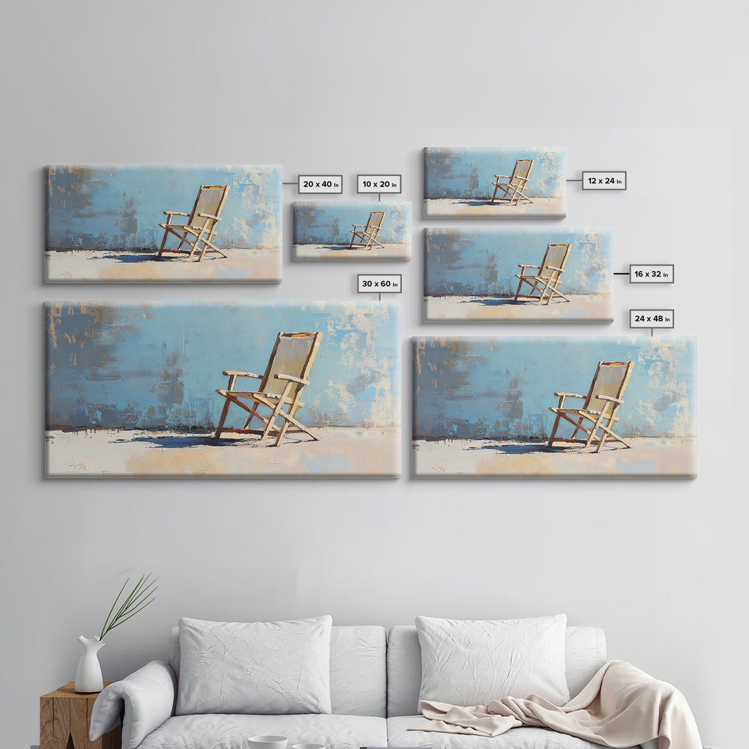 Minimal Beach Chair On Blue Wall, Canvas Print, Coastal Wall Art, Modern Home Decor, Beach House Decor, Living Room Wall Art