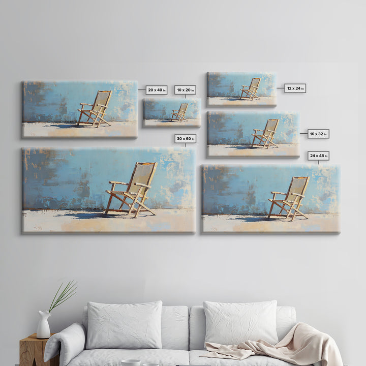 Minimal Beach Chair On Blue Wall, Canvas Print, Coastal Wall Art, Modern Home Decor, Beach House Decor, Living Room Wall Art