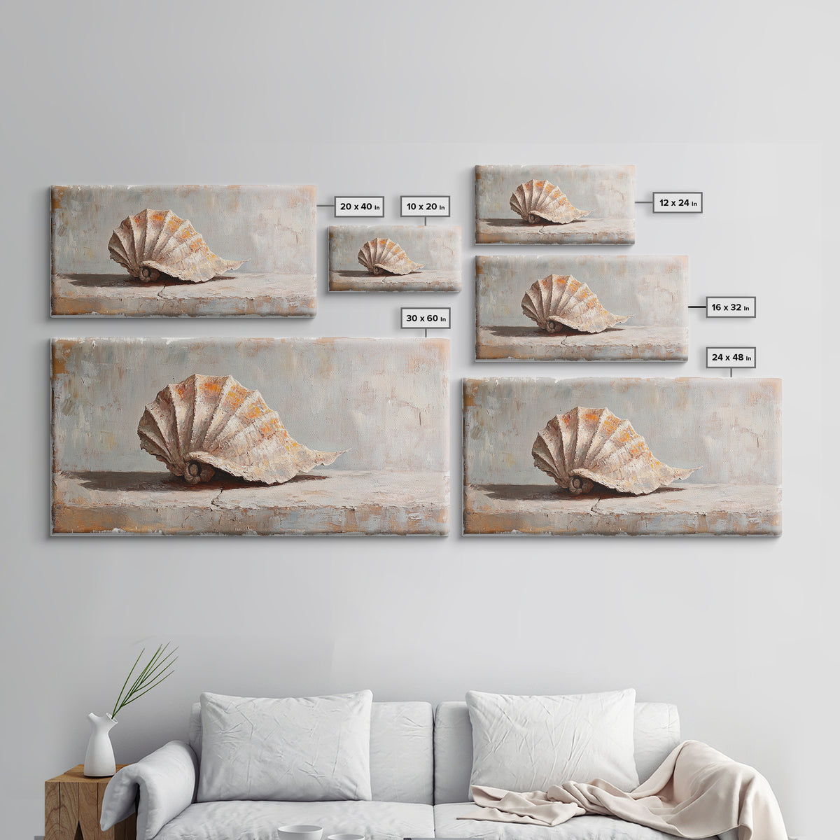 Textured Seashell Still Life In Neutral Tones, Framed Canvas Print, Coastal Wall Art, Beach House Decor, Nautical Wall Art