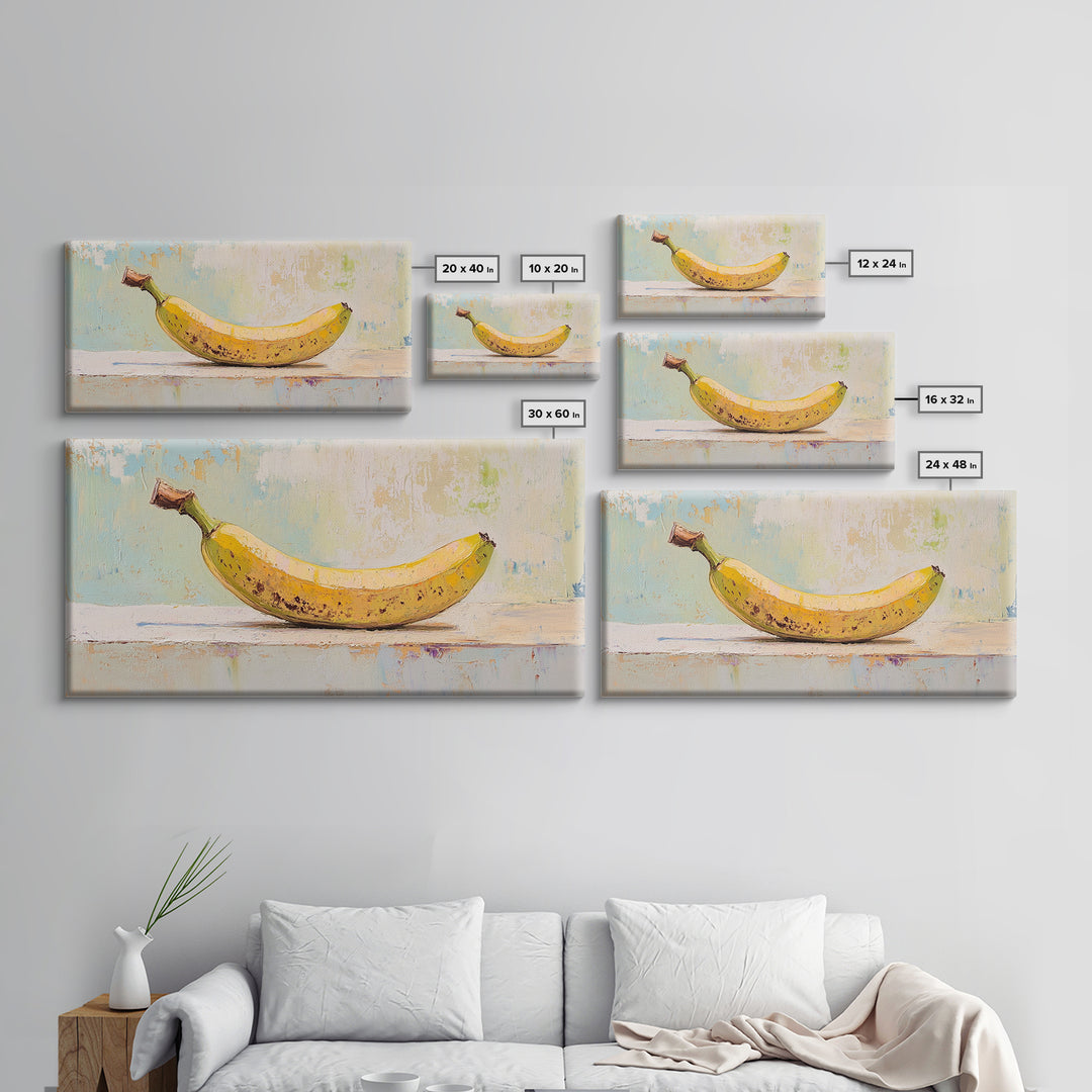 Bright Banana Still Life On Pale Blue, Framed Canvas Print, Kitchen Wall Art, Fruit Art, Colorful Kitchen Decor, Foodie Gift