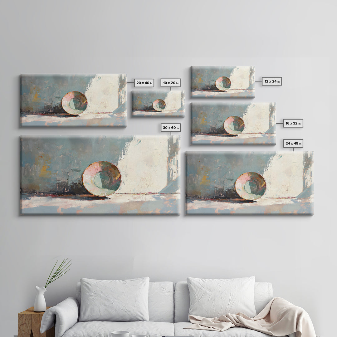 Sunlit Ceramic Bowl Still Life In Soft Blue, Canvas Print, Minimalist Wall Art, Modern Kitchen Decor, Neutral Home Decor