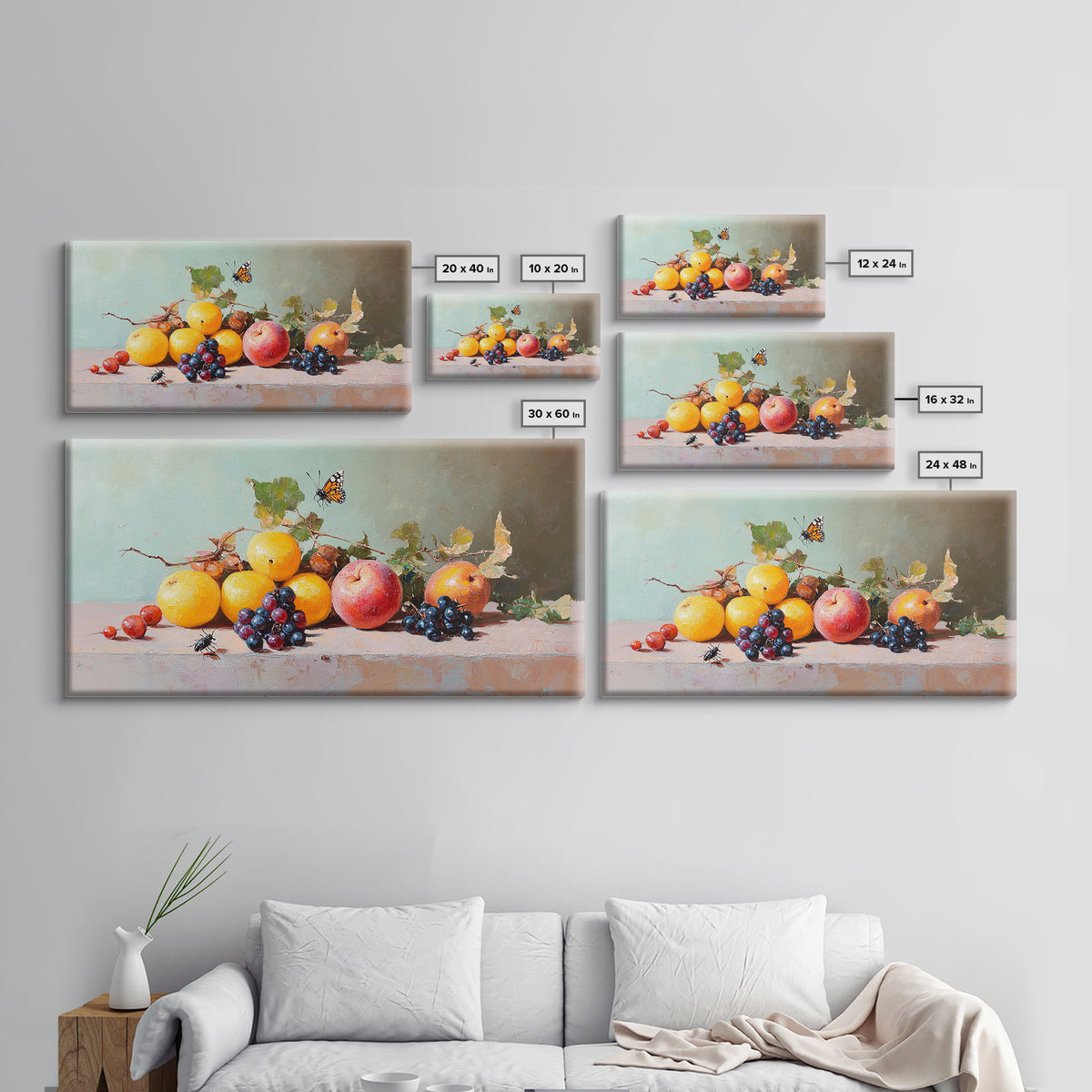 Oranges Grapes Apple Still Life With Butterfly, Canvas Print, Fruit Art, Kitchen Wall Art, Botanical Decor, Dining Room Print