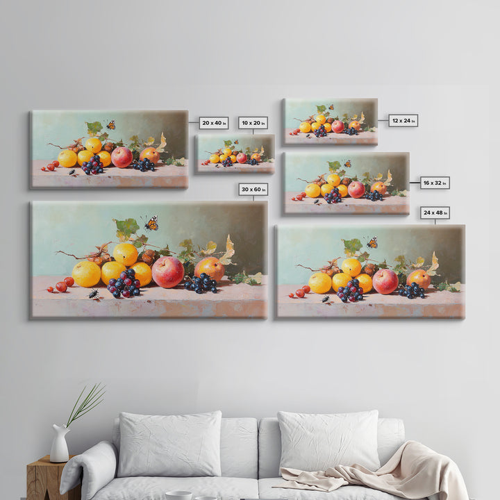 Oranges Grapes Apple Still Life With Butterfly, Canvas Print, Fruit Art, Kitchen Wall Art, Botanical Decor, Dining Room Print