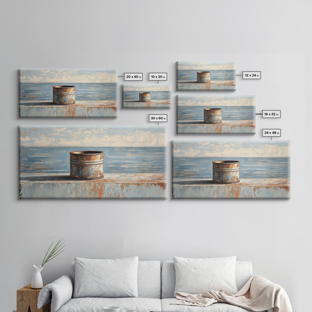 Rusty Tin Can By Blue Sea Wall Art, Coastal Industrial Still Life Canvas Print, Rustic Beach House Decor For Living Room