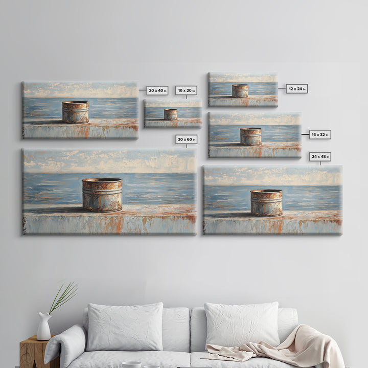 Rusty Tin Can By Blue Sea Wall Art, Coastal Industrial Still Life Canvas Print, Rustic Beach House Decor For Living Room