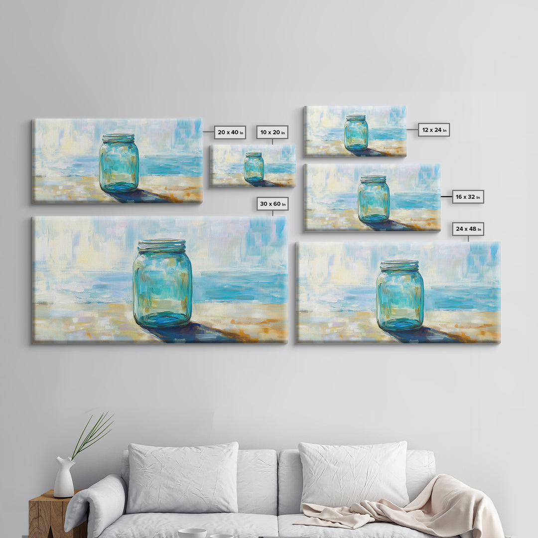 Blue Glass Mason Jar Wall Art, Coastal Still Life Canvas Print, Minimalist Beach House Decor For Kitchen Or Bathroom Art