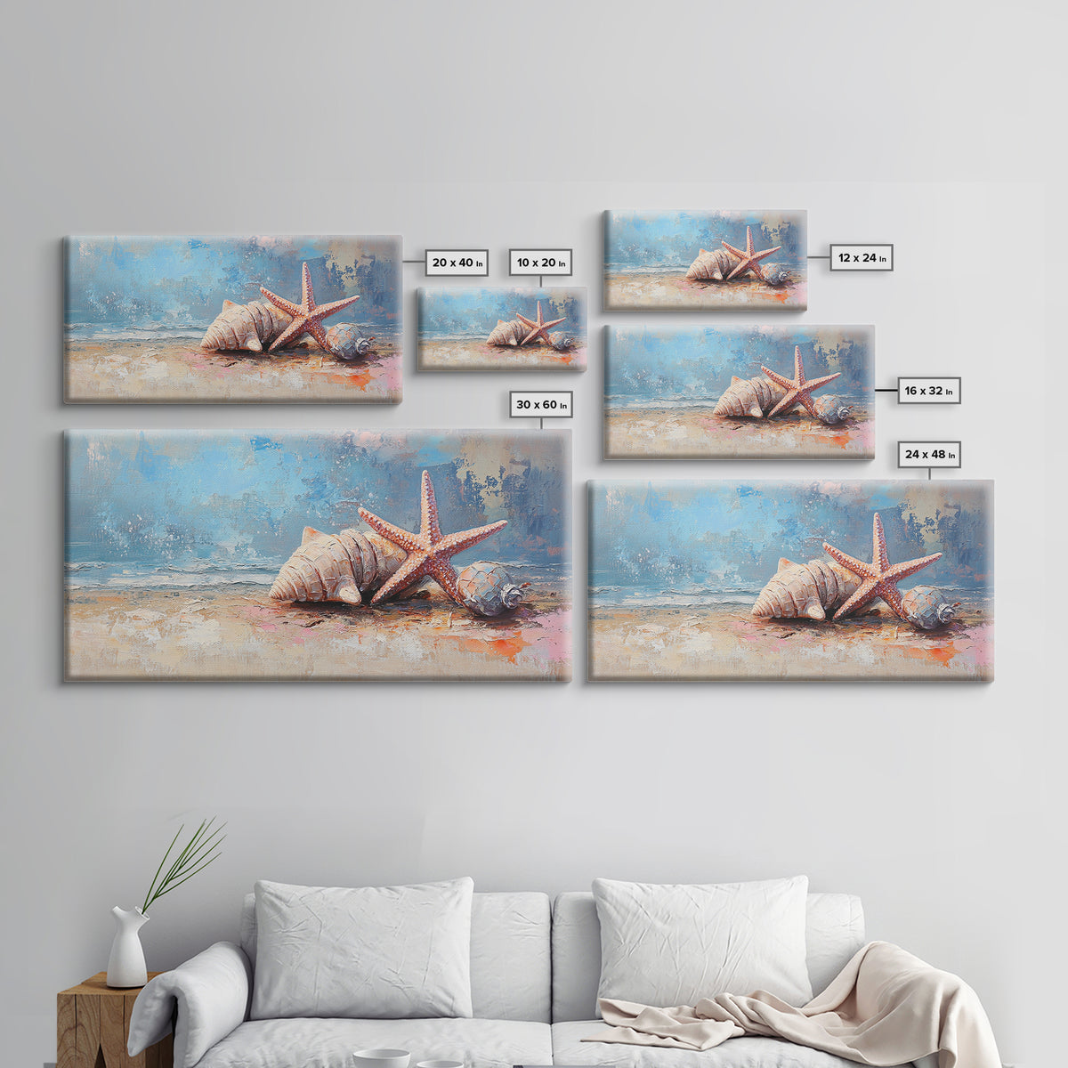 Starfish And Seashells On Sandy Shore Wall Art, Coastal Ocean Canvas Print, Beach House Decor For Bathroom Or Bedroom Wall Decor
