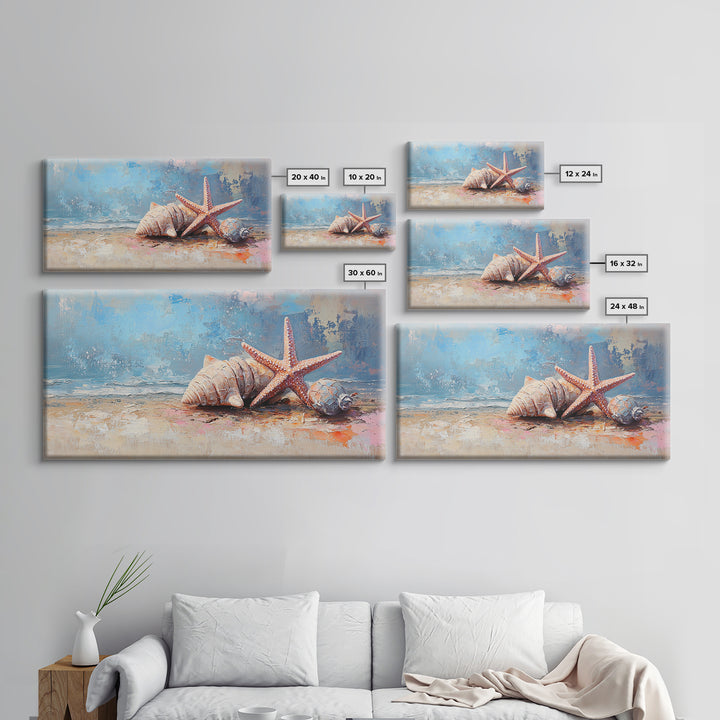 Starfish And Seashells On Sandy Shore Wall Art, Coastal Ocean Canvas Print, Beach House Decor For Bathroom Or Bedroom Wall Decor