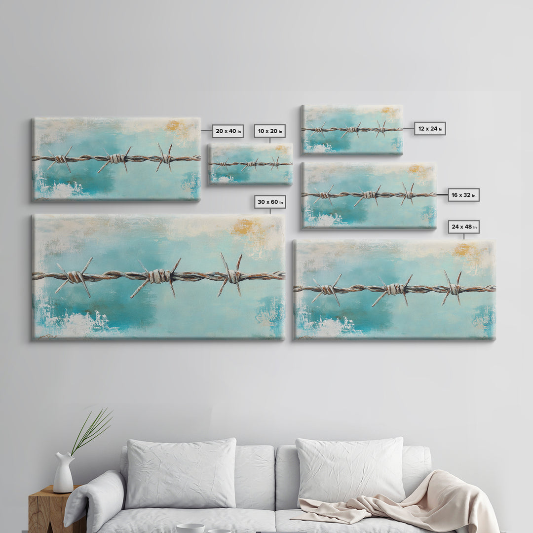 Rusty Barbed Wire Against Turquoise Sky Wall Art, Western Industrial Canvas Print, Modern Rustic Farmhouse Decor For Entryway