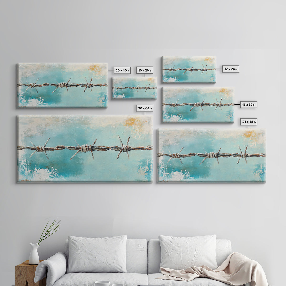 Rusty Barbed Wire Against Turquoise Sky Wall Art, Western Industrial Canvas Print, Modern Rustic Farmhouse Decor For Entryway