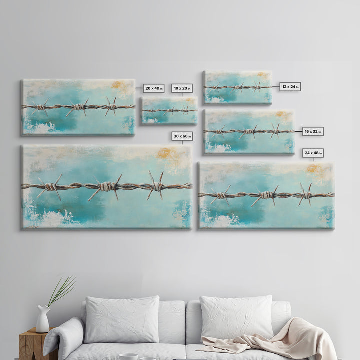 Rusty Barbed Wire Against Turquoise Sky Wall Art, Western Industrial Canvas Print, Modern Rustic Farmhouse Decor For Entryway