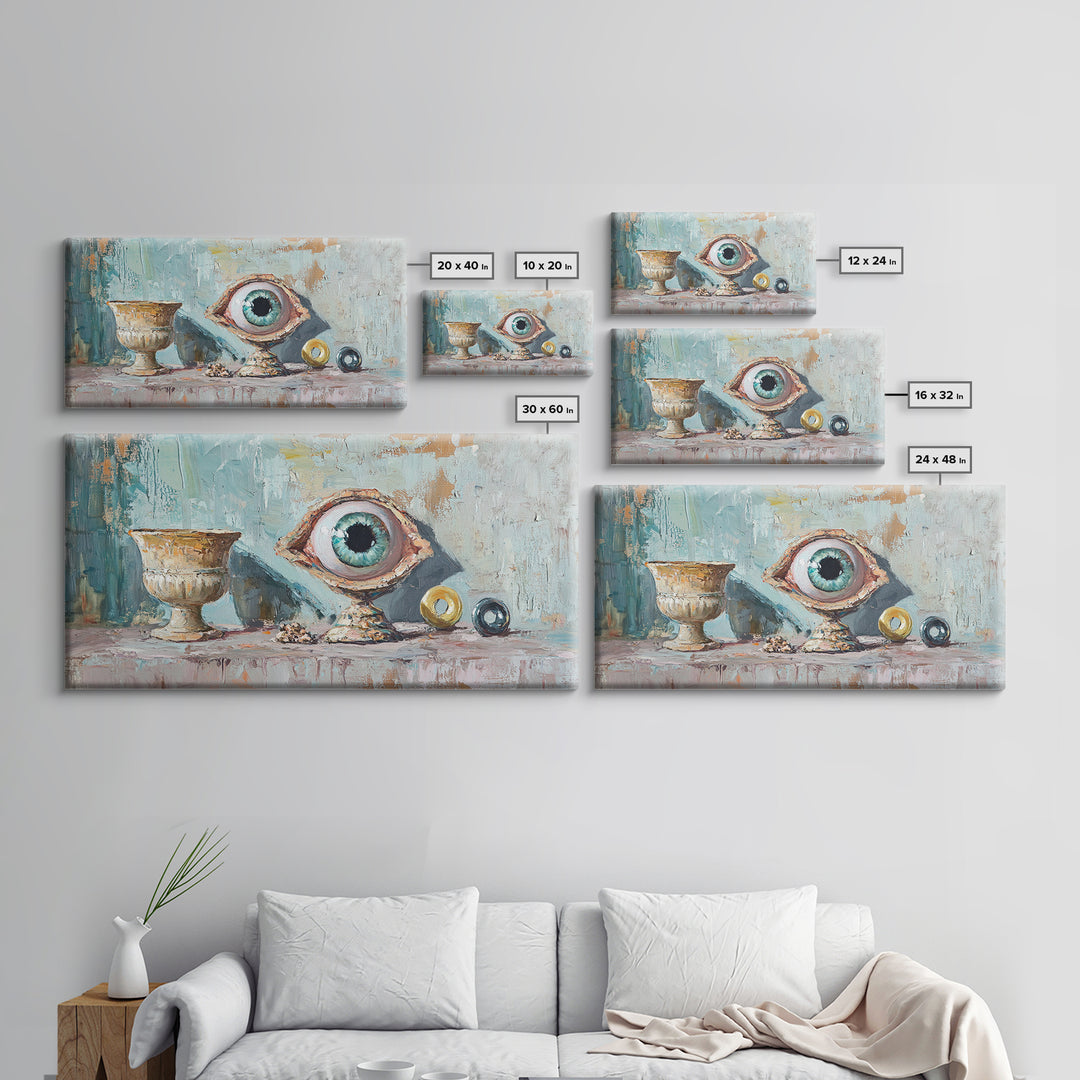 Surreal Blue Eye Relic And Antique Urn Wall Art, Mystical Eclectic Framed Canvas Print, Dark Academia Office Decor For Library