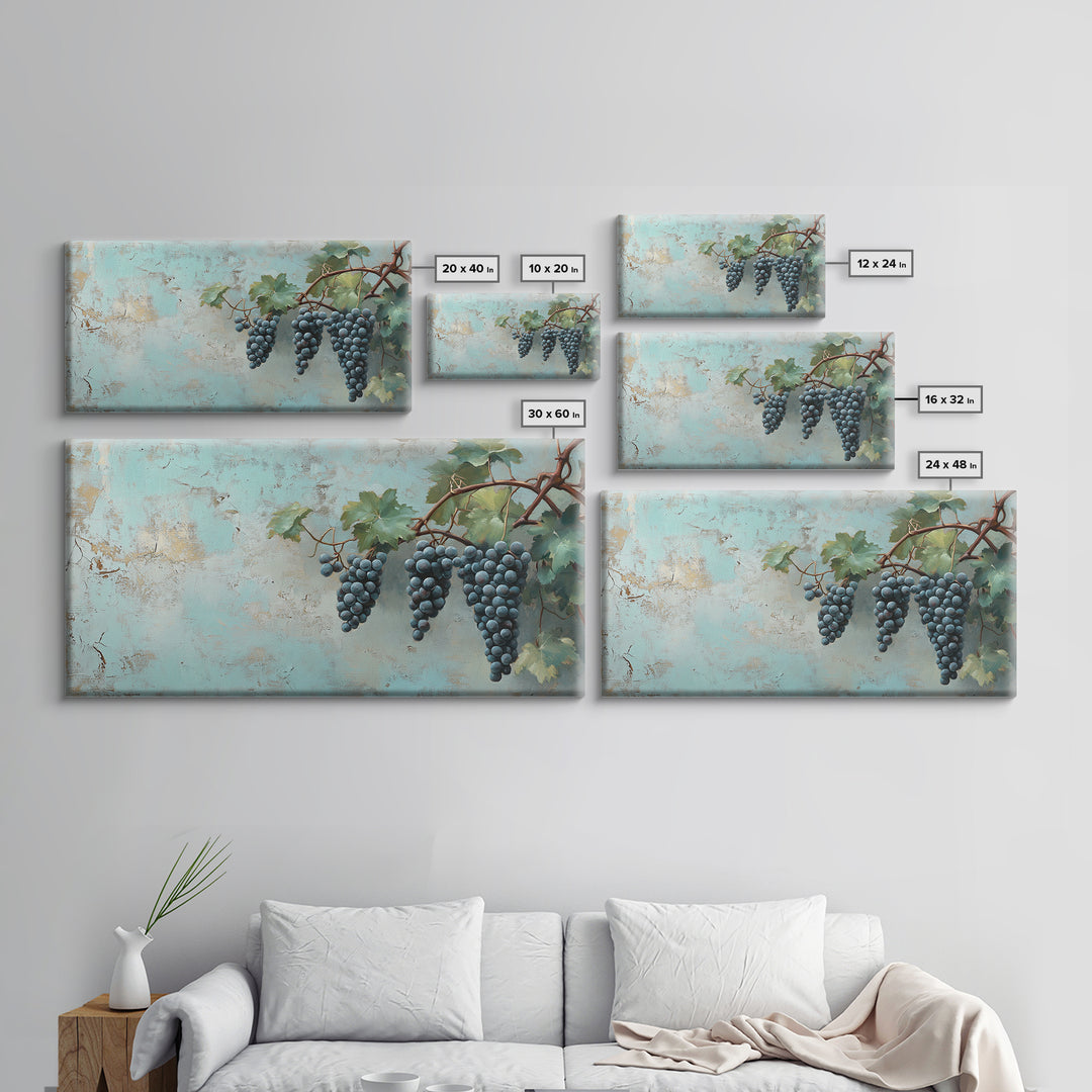 Blue Grapes On Vine Wall Art, Rustic Kitchen Decor, Vineyard Painting, Wine Country Print, Farmhouse Dining Room Canvas Art