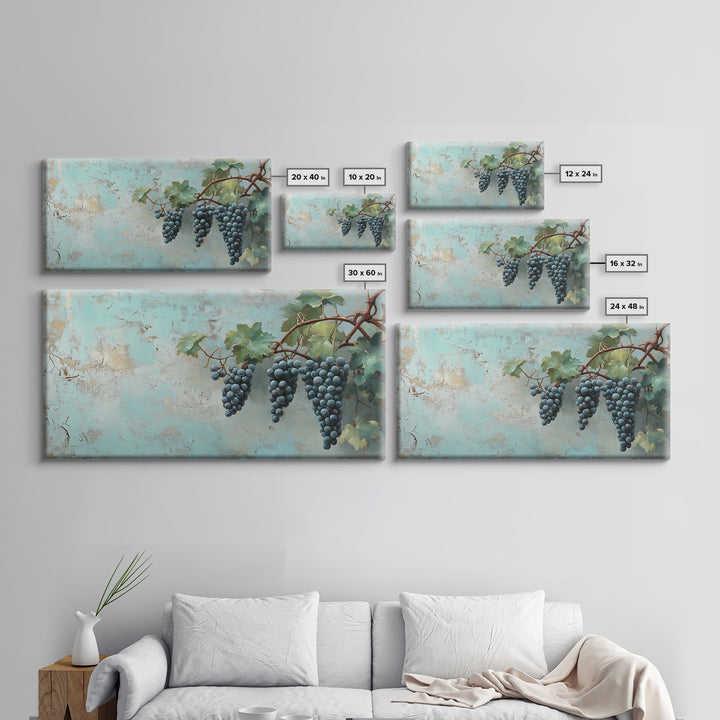 Blue Grapes On Vine Wall Art, Rustic Kitchen Decor, Vineyard Painting, Wine Country Print, Farmhouse Dining Room Canvas Art