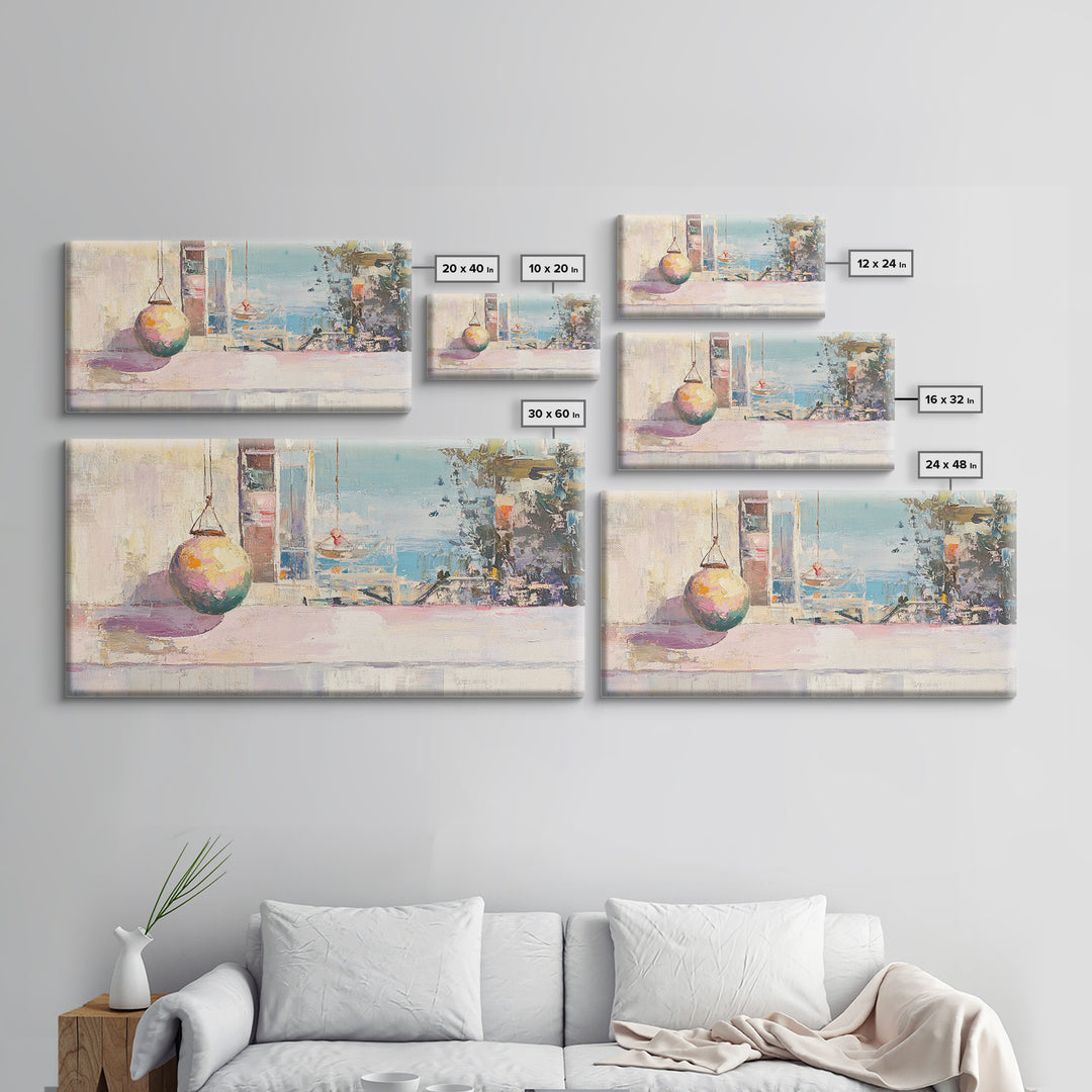 Pastel Seaside Window Canvas Print, Coastal Wall Art, Mediterranean Beach House Decor, Soft Ocean View Living Room Print