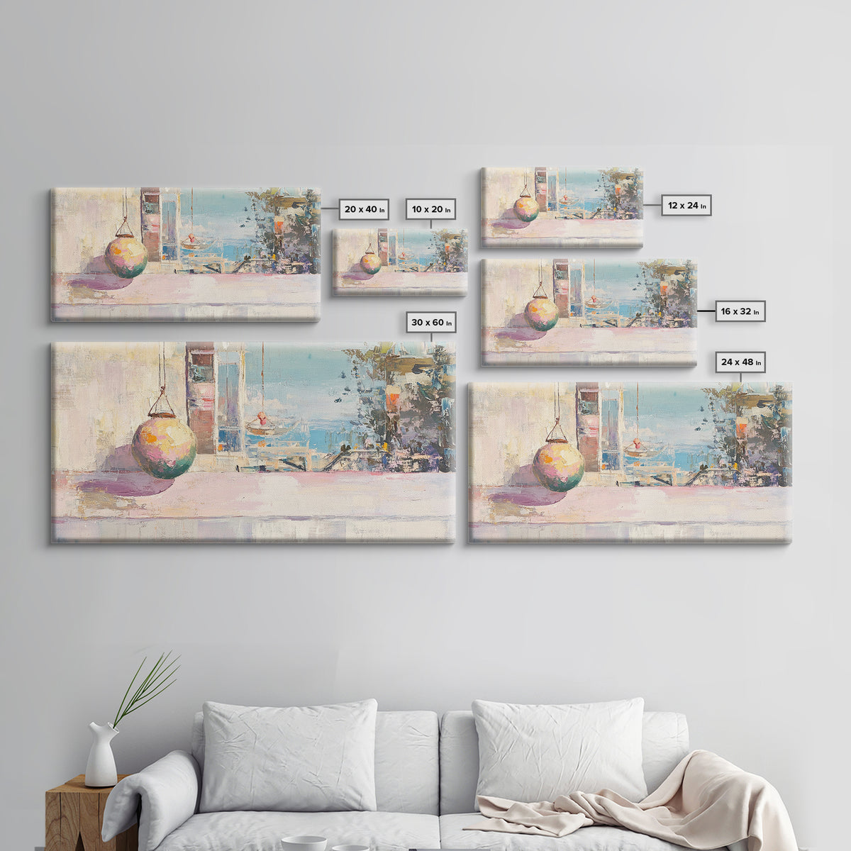 Pastel Seaside Window Canvas Print, Coastal Wall Art, Mediterranean Beach House Decor, Soft Ocean View Living Room Print