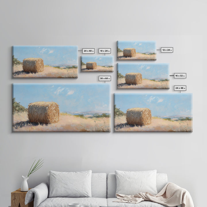 Golden Hay Bale Landscape Wall Art, Rustic Farmhouse Decor, Country Field Painting, Nature Print For Living Room Wall Decor