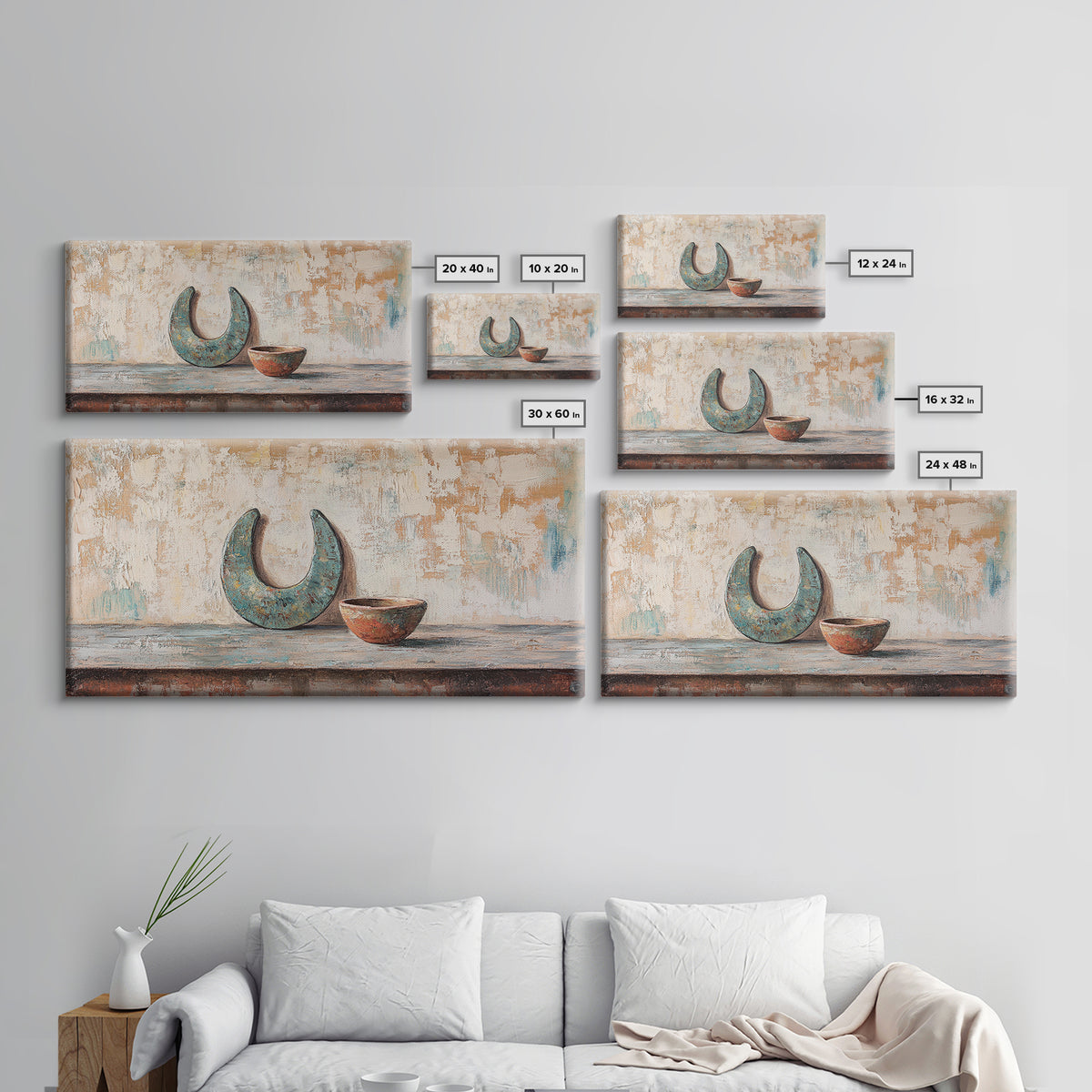 Turquoise Crescent Moon And Rustic Bowl Wall Art, Wabi Sabi Decor, Southwestern Still Life, Neutral Framed Canvas Print, Home Decor