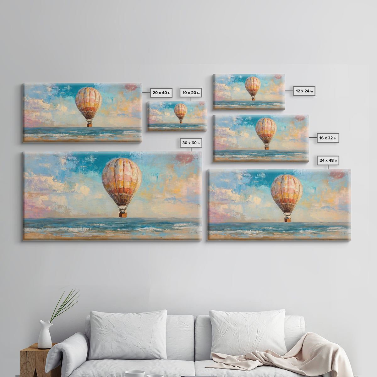 Hot Air Balloon Drifting Over Ocean Canvas Print, Coastal Wall Art, Travel Poster Style, Colorful Beach House Living Room Decor