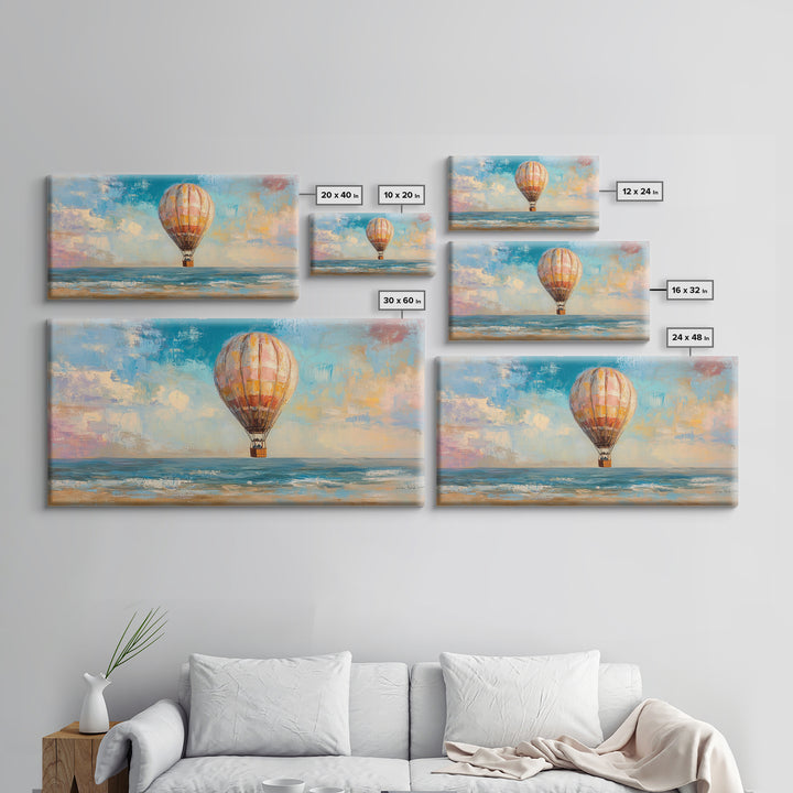 Hot Air Balloon Drifting Over Ocean Canvas Print, Coastal Wall Art, Travel Poster Style, Colorful Beach House Living Room Decor