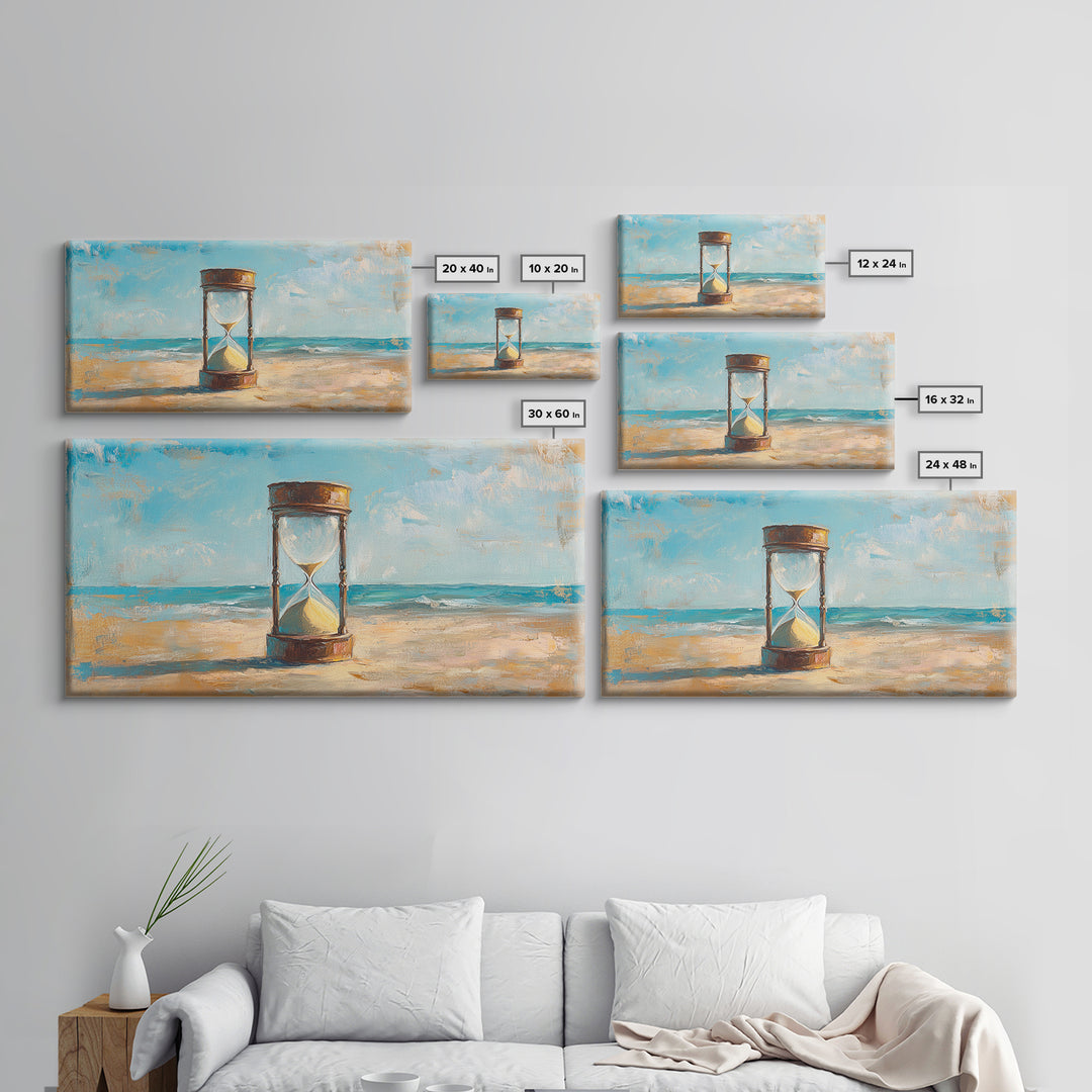 Hourglass In Sand By Turquoise Sea Canvas Print, Coastal Wall Art, Beach House Decor, Ocean Landscape, Summer Home Decor