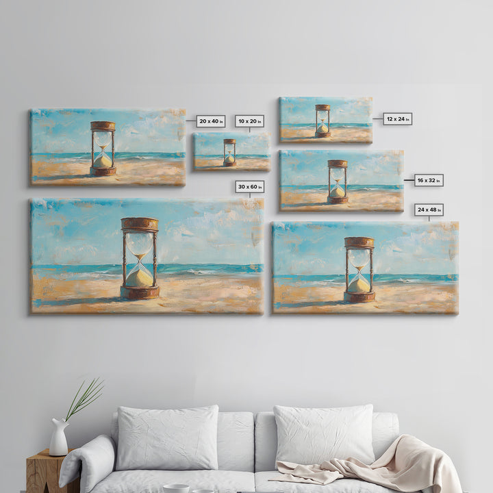 Hourglass In Sand By Turquoise Sea Canvas Print, Coastal Wall Art, Beach House Decor, Ocean Landscape, Summer Home Decor
