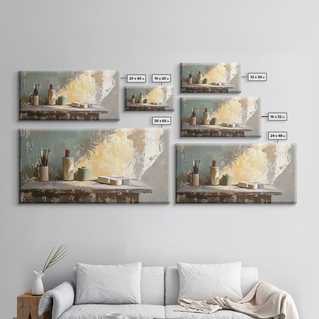 Artist Brushes And Paint Tubes On Sunlit Table Wall Art, Creative Studio Decor, Modern Rustic Still Life Canvas Print, Home Decor