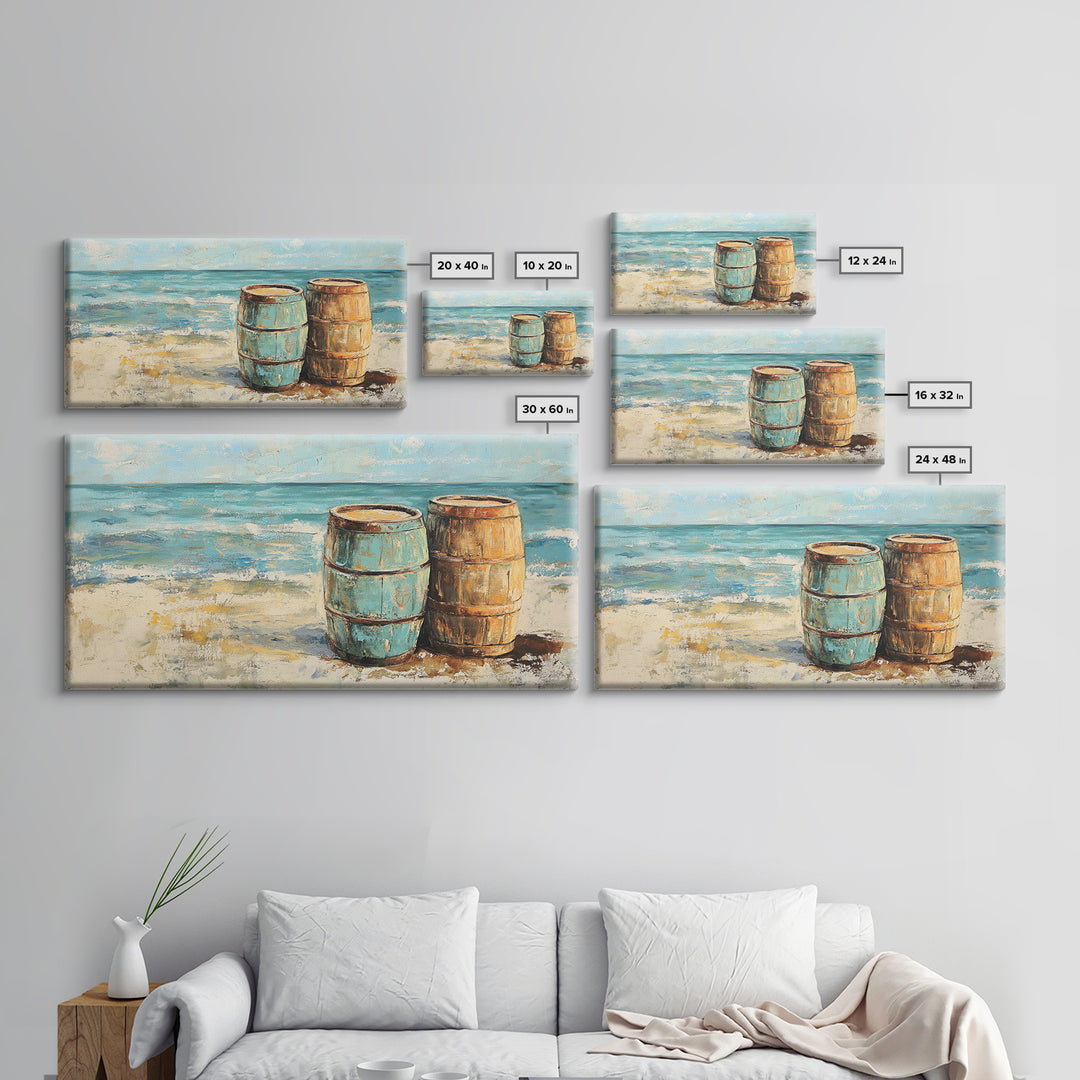 Weathered Barrels On Sandy Beach Wall Art, Coastal Canvas Print, Nautical Beach House Decor, Seascape Ocean Living Room Art
