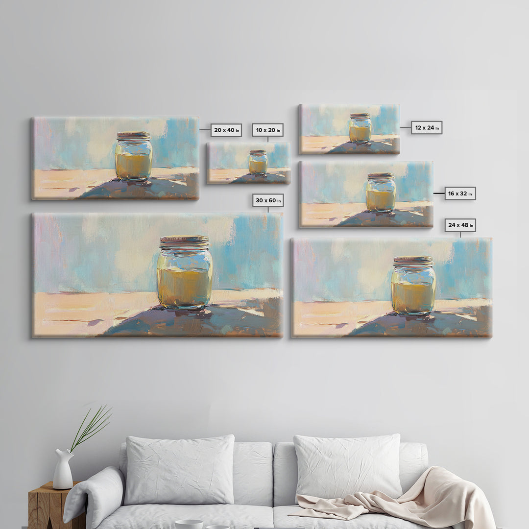 Sunlit Mason Jar Still Life Wall Art, Soft Blue Canvas Print For Kitchen Decor, Rustic Home Decor And Housewarming Gift Idea