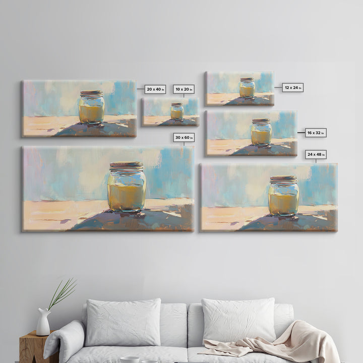 Sunlit Mason Jar Still Life Wall Art, Soft Blue Canvas Print For Kitchen Decor, Rustic Home Decor And Housewarming Gift Idea