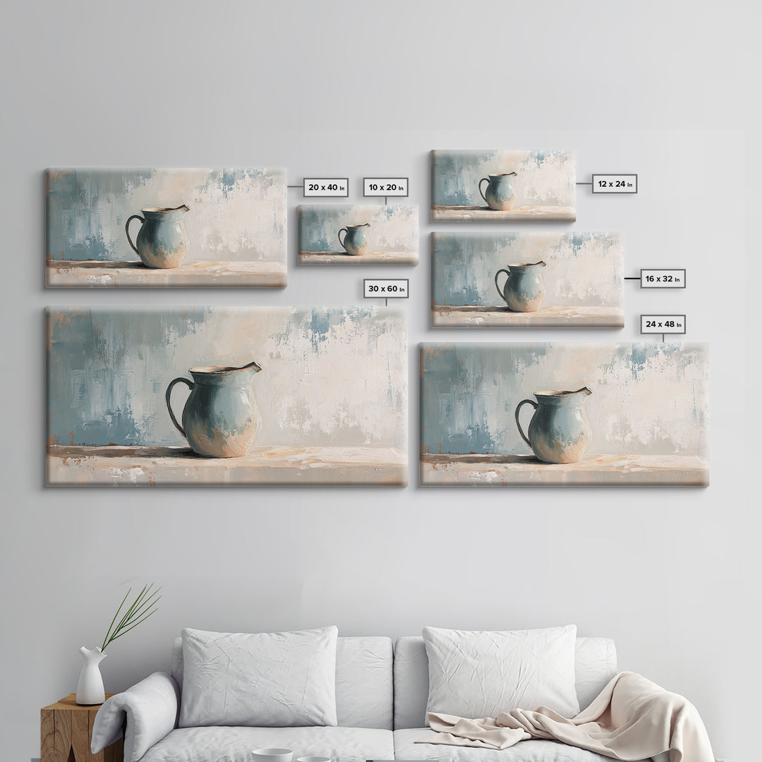 Blue Ceramic Pitcher Minimalist Still Life Wall Art, Neutral Canvas Print For Kitchen Decor, Farmhouse Decor And Office Decor