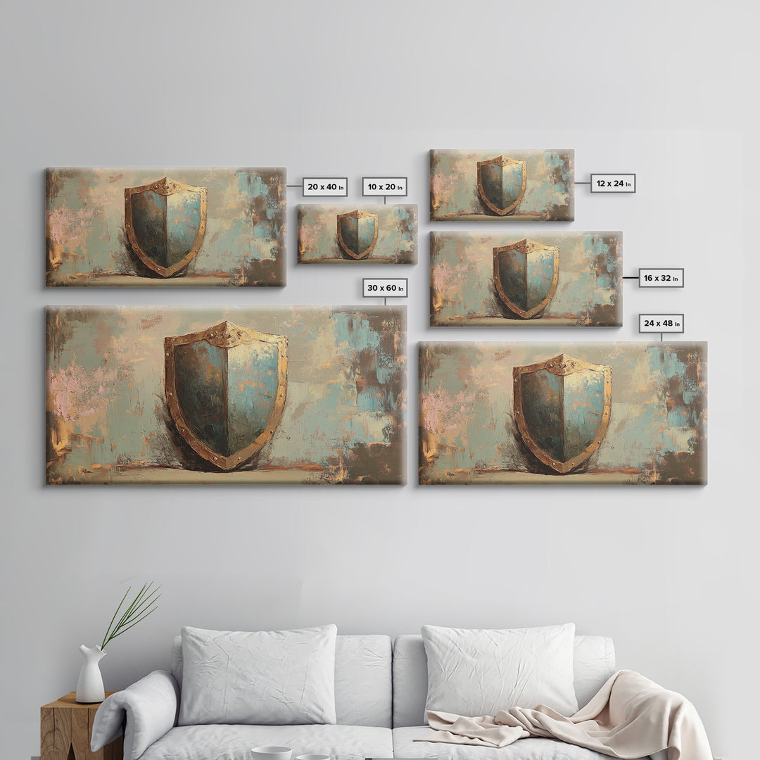 Antique Blue Shield Framed Canvas Print, Medieval Wall Art, Fantasy Decor, Rustic Office Decor, Man Cave Gift For Him, Home Decor
