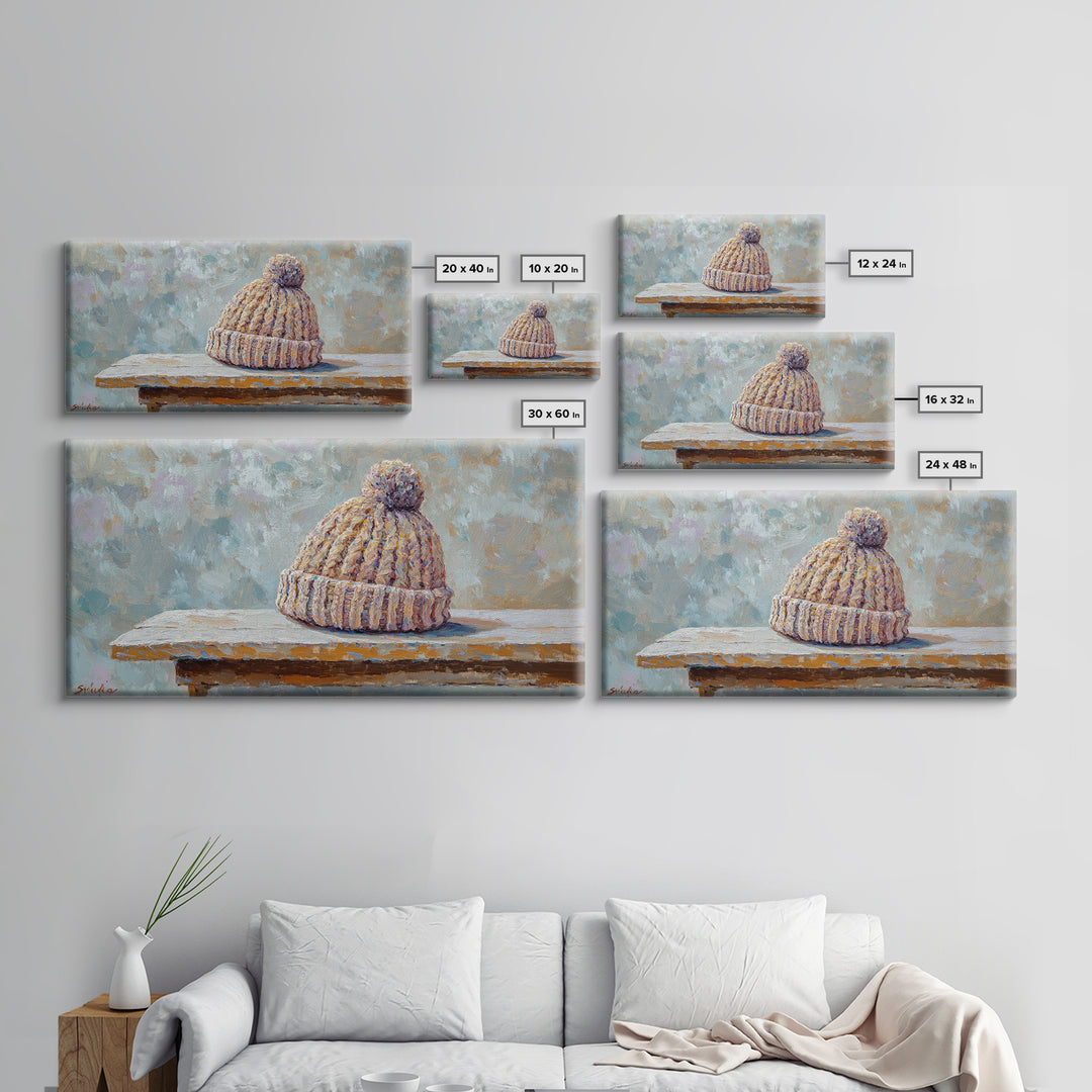 Cozy Knit Beanie Still Life Wall Art, Winter Cabin Decor, Rustic Canvas Print, Neutral Bedroom Art, Gift For Her, Housewarming Gift