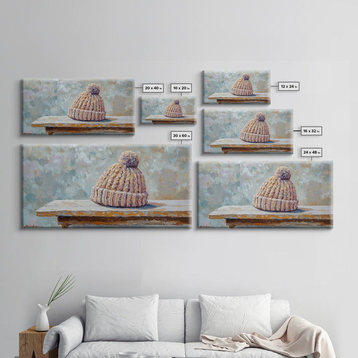 Cozy Knit Beanie Still Life Wall Art, Winter Cabin Decor, Rustic Canvas Print, Neutral Bedroom Art, Gift For Her, Housewarming Gift